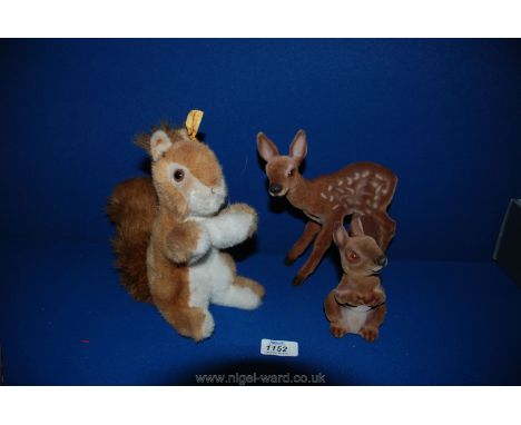 Steiff squirrel "Rigby" 1970 with two faux animals by Heissner Plastik, Germany.