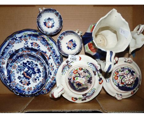 A quantity of gaudy china including teapots, jugs, cups and saucers and two Adams plates, some a/f.