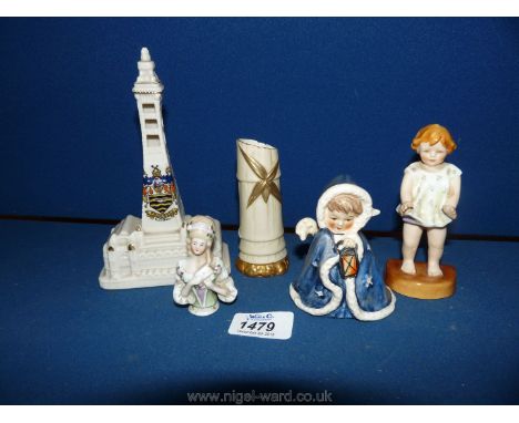 A Royal Worcester figurine 'Joan' by F.G. Doughty (a/f), a Goebel angel, Carlton ware Blackpool Tower and a pin doll.