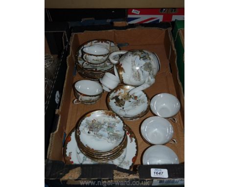 A Japanese part Teaset with various warrior scenes on each item, spout a/f.