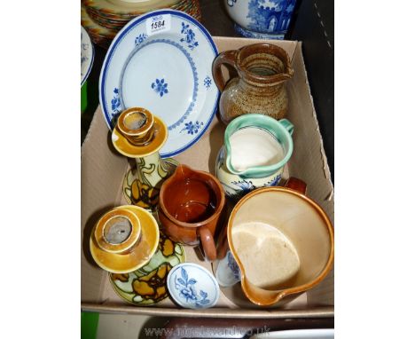 A pair of Mintonware pottery Candlesticks (a/f), a Spode soup dish, a Nova Scotia lucky rabbit pottery jug, other pottery jug