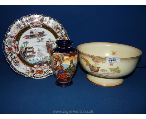 A Mason's plate, a Crown Ducal bowl and a Chinese vase.