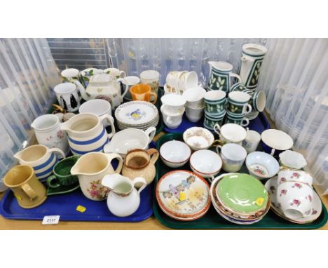 Various part tea wares, Devon Mottoware jug, 13cm high, and a smaller example 8cm high, Oriental style egg cups, etc. (4 tray