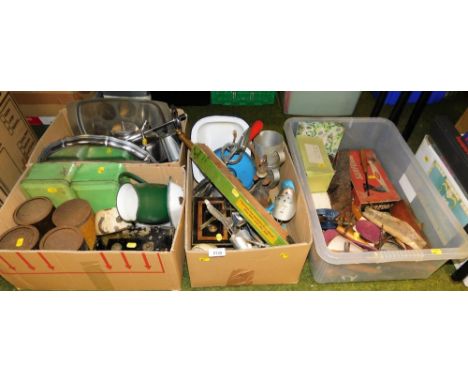 General household effects, metal tins, metal cash box, various small hand tools, shoe lasts, stainless steel part tea service