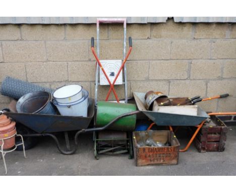 General garden effects, to include wheelbarrow, enamel buckets, terracotta plant pots, glass bottles, an FR Chambers wooden a