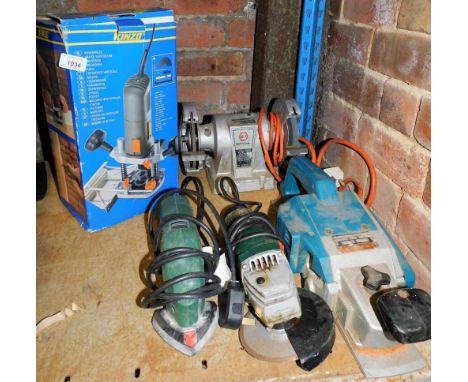Various electric tools, to include a Black and Decker 5" bench grinder Bosch electric sander, angle grinder, etc. (a quantity