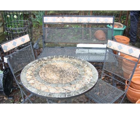 A MODERN METAL AND TILE GARDEN TABLE, two folding chairs and a bench (4)