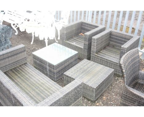 A MODERN LATTICED RATTAN EFFECT PATIO SET, comprising sofa, two chairs and two side tables (5)