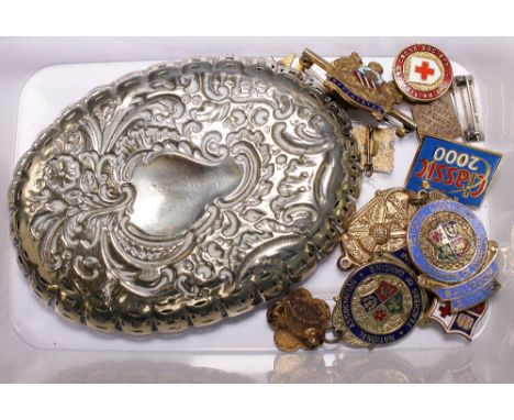 Pair of bon bon dishes and quantity of enamel badges etc