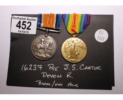 WWI medals, British War medal and Victory medal attributed to 16237 Pte J.S.Carter, Devon R