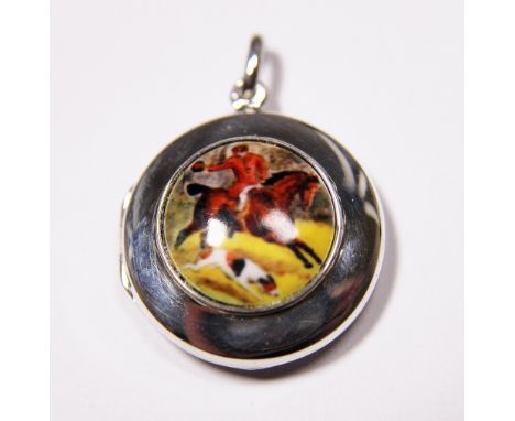 Silver stamped locket with enamel horse rider  