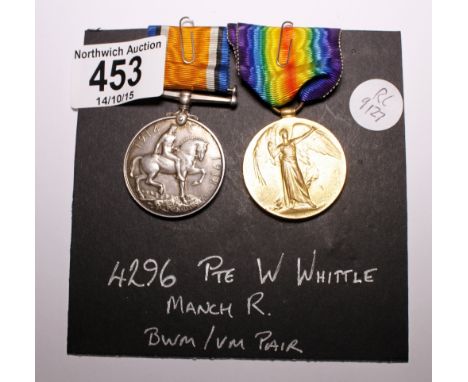 WWI medals, British War medal and Victory medal attributed to 426 Pte W.Whittle, Manc R