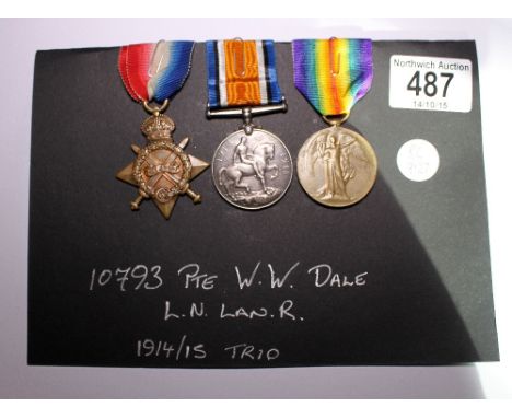 WWI medals, 1914/1915 trio attributed to 10793 Pte W.W Dale, LN Lancs R
