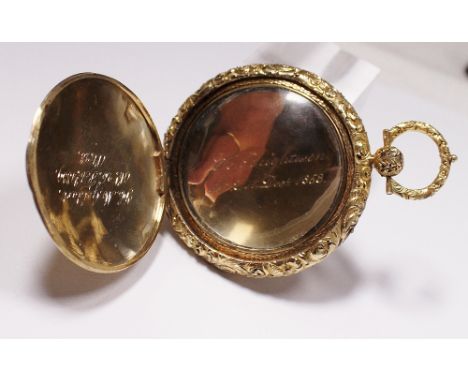 Yellow metal vanity mirror in the form of full hunter pocket watch, dated inscription 1839