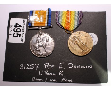 WWI British War medal and Victory medal pair attributed to 31257 Pte E Donkin, L'Pool R
