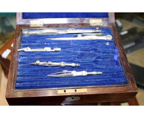 Oak fitted interior drawing instruments box with compass