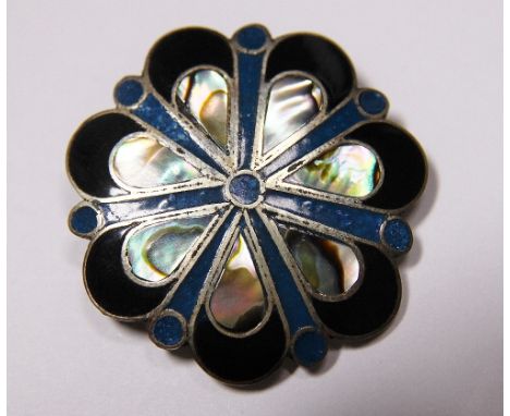 Mexican alpacca silver enamel and abalone set brooch  