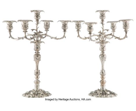 A Pair of Fine Monumental Silver-Plated Five-Light Candelabra, India, mid-20th centuryMarks: sticker to underside LACQUERED, 