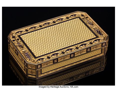 A Continental Enameled 18K Gold Snuff Box, circa 1820Marks: (various assay marks)0-3/4 x 3-1/4 x 2-5/8 inches (1.9 x 8.3 x 6.