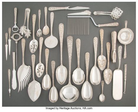 Thirty-Two S. Kirk &amp; Son&nbsp;Repoussé&nbsp;Pattern Silver Flatware Serving Pieces, Baltimore, Maryland, 1868-1896 Marks: