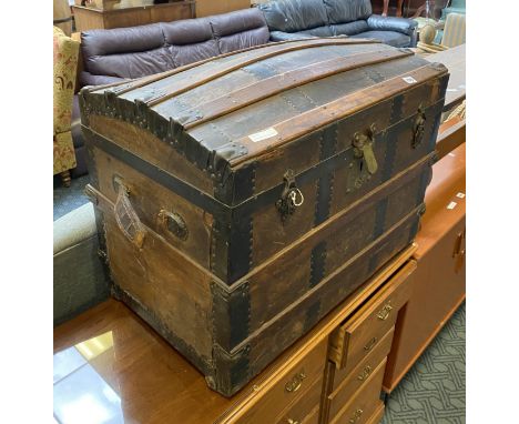19THC  DOME TOP TRUNK- FITTED INTERIOR - MARKED ROYAL LETTERS PATENT - 60CM H 77CM W &amp; 46.5 DEEP