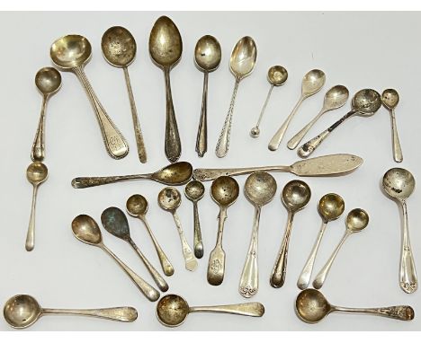 A group of hallmarked silver condiment spoons, pastry fork etc... some with engraved monogrammes (a lot)