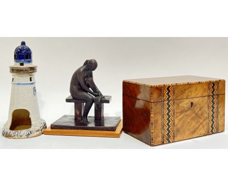 A mixed lot comprising a marquetry/Tunbridge ware inlaid walnut tea caddy opening to a twin compartment interior (h- 12cm, w-