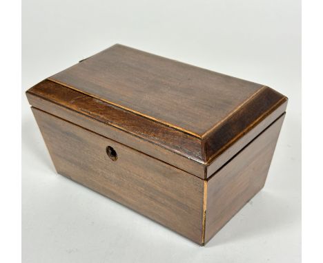 A 19thc mahogany and box wood strung tea caddy of tapered rectangular form with hinged top and plain interior, some losses to