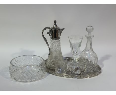 An art nouveau style plated top claret jug (h-30cm), a plated drinks tray marked Barker Ellis Made in England verso (w-27cm l