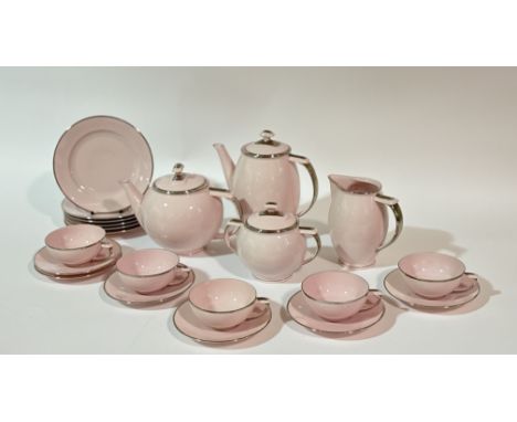 An Epiag Czechaslovakia China pink and silver part tea service comprising, a tea pot (h-17.5cm), coffee pot (h-22cm), a milk 