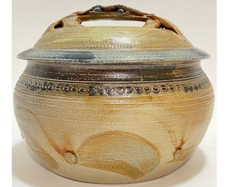 Rowena Kinsman, salt glazed stoneware studio pottery lidded container, the handle modelled as a crab (impressed potter's mark