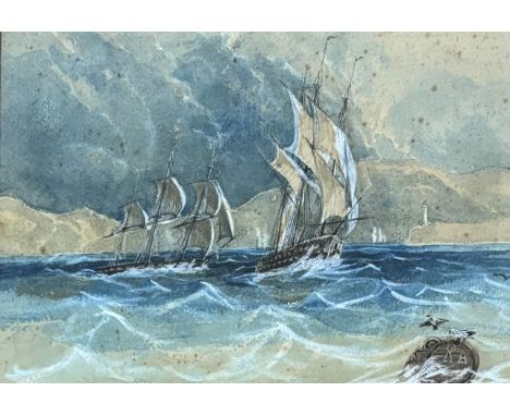 Unknown artist, Three mastered ships at sea scene, watercolour and pencil, initialled A.B bottom right, in a gilt mounted fra