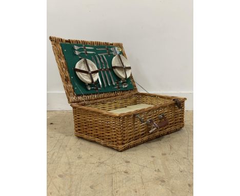 A vintage Wicker picnic hamper by 'Optimus' the fitted interior complete with flat ware, Tupperware, thermoses, mugs etc. W38