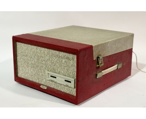 Fidelity Records 1950's/60/s portable record player with a Monarch turntable, within a fitted red/cream coloured case. (h-22c