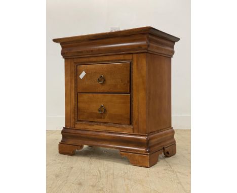 A stained cherry wood chest, fitted with two drawers, raised on bracket supports. H78cm, D73cm, D44cm.