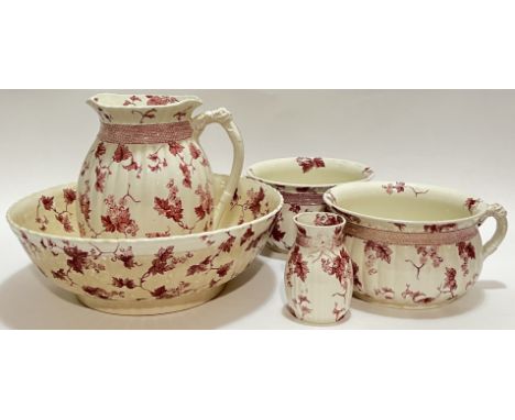 A Ridgways 'Bordeaux' pattern wash set comprising two chamber pots (h- 14.5cm, w- 27cm), a jug and basin (h- 32cm, w- 40cm), 