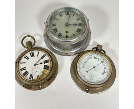 A vintage chrome plated cased ships style wall clock with silvered dial and roman numerals, (D x 10 cm), a ships style wall m