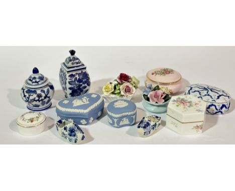 A mixed group comprising, a Wedgewood blue Jasperware heart shaped box and cover (w-13cm h-5cm), a Wedgewood blue Jasperware 