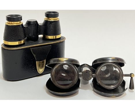 Two pairs of field glasses comprising a brass pair marked R &amp; J Beck London 1914, and a boxed pair of German Hertel &amp;