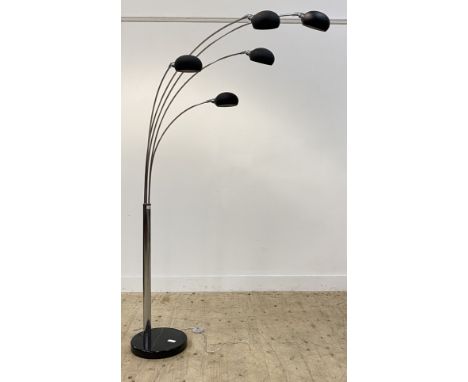 A modern chrome five branch adjustable floor light with stem column on circular black marble base. H200cm