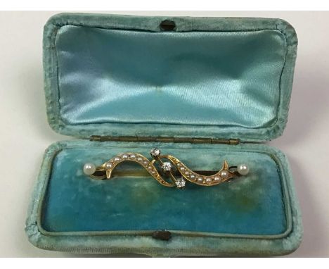 DIAMOND AND SEED PEARL BAR BROOCH, unmarked