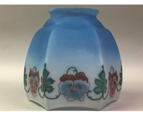 GROUP OF GLASS LIGHT SHADES, including a pair of painted glass shades and three etched shades