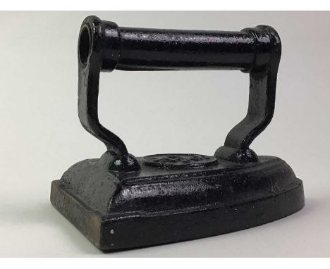GROUP OF METAL WARE, including graduated weights, three flat irons and scales