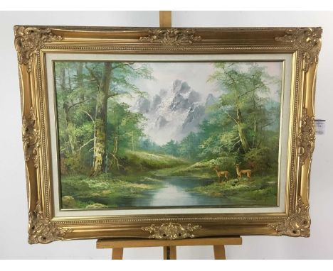 R. DANFORD,  DEER BY RIVER oil on canvas, framedimage size 49.2cm high x 74.8cm wide, overall size 70.7cm high x 97cm wide