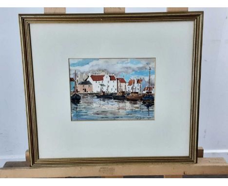 R. TAYLOR, HARBOUR SCENE watercolour, along with three further watercolours and a dart board in teak effect wall mounting cas