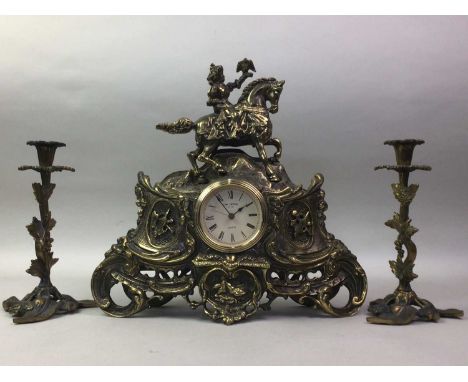 FRENCH STYLE BRASS MANTLE CLOCK, 20TH CENTURY the clock with figure on horseback and with quartz movement, along with a pair 