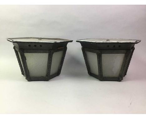 PAIR OF HEXAGONAL LANTERNS, AND A HAND PAINTED GLASS LIGHT SHADE the lanterns with opaque glass29cm wide