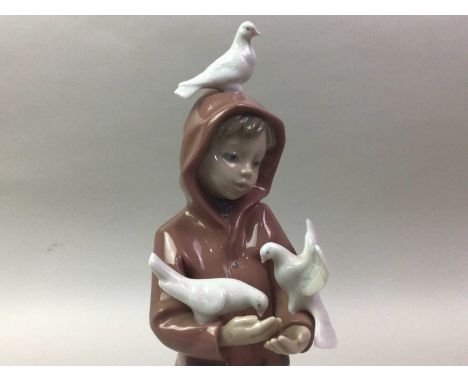 LLADRO BOY WITH DOVES NO. 6129, AND OTHER ITEMS along with a Nao figure of a swan, a Royal Doulton vase and a limited edition