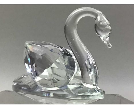 GROUP OF SWAROVSKI CRYSTAL ANIMALS, including a swans, penguin, teddy bear, seal and owl, along with a brass galleried tray