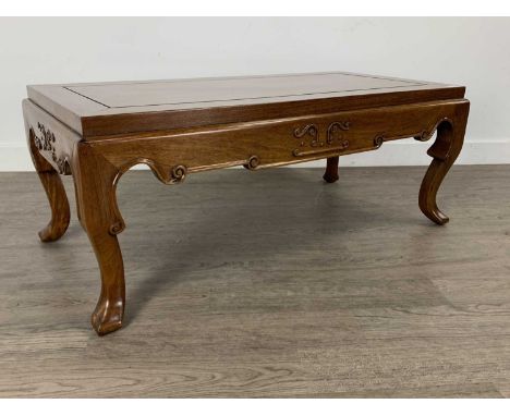CHINESE FRUITWOOD COFFEE TABLE, with scroll detail, on cabriole legs35.1cm high x 91.3cm wide x 45.5cm depthThe coffee table 